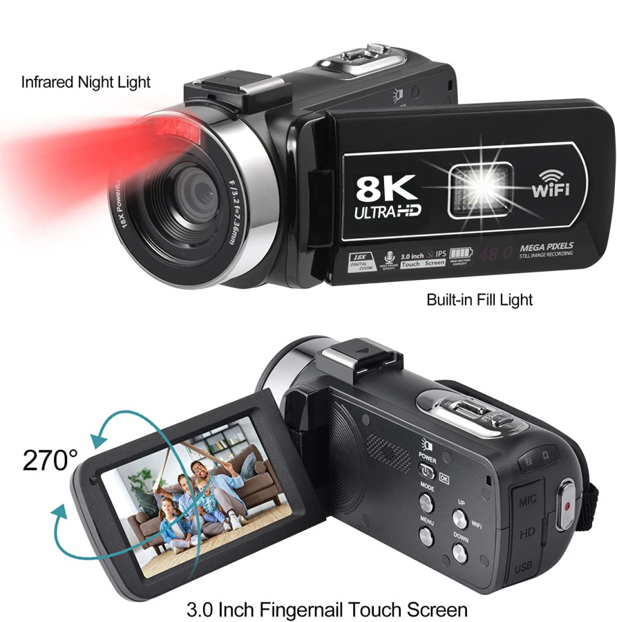 Raqamli video vlogging kamerasi 8K 64MP 18x kattalashtirish, 3 dyuymli sensorli ekranli WIFI, IR tungi koʻrish bilan sekin harakatda yozib olish