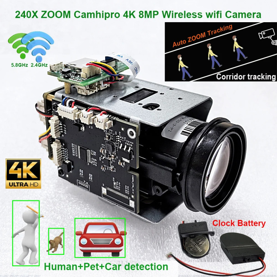 Камера IP CamhiPro 4K 8MP с 240-кратным зумом, Wi-Fi, автоматической диафрагмой, P2P, ONVIF, IMX415, поддержкой Wi-Fi и карты памяти SD до 256 ГБ