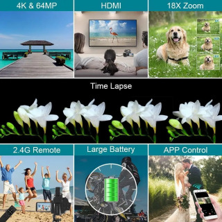 Professional 4K fotografiya videokameralari 64MP Ultra HD 18x raqamli kattalashtirish videokameralari YouTube Live Streaming DVR