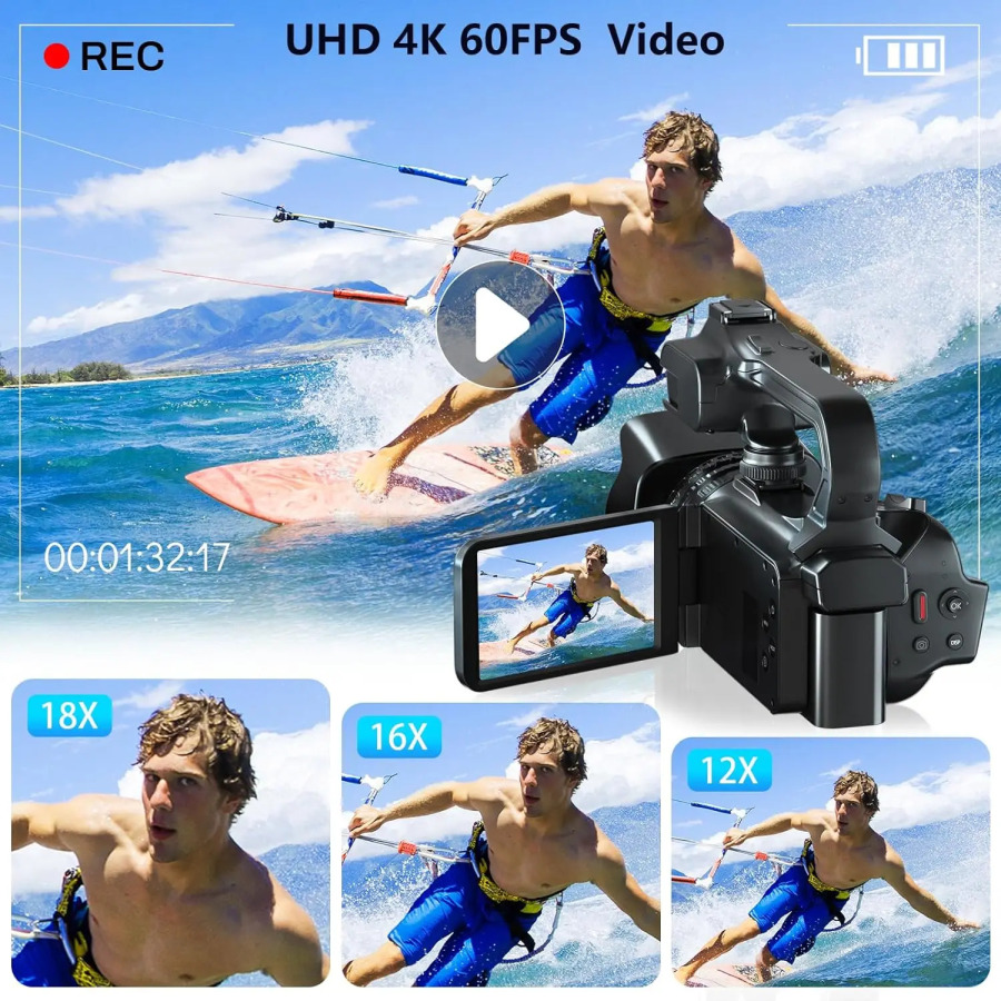 Professional 4K fotografiya videokameralari 64MP Ultra HD 18x raqamli kattalashtirish videokameralari YouTube Live Streaming DVR