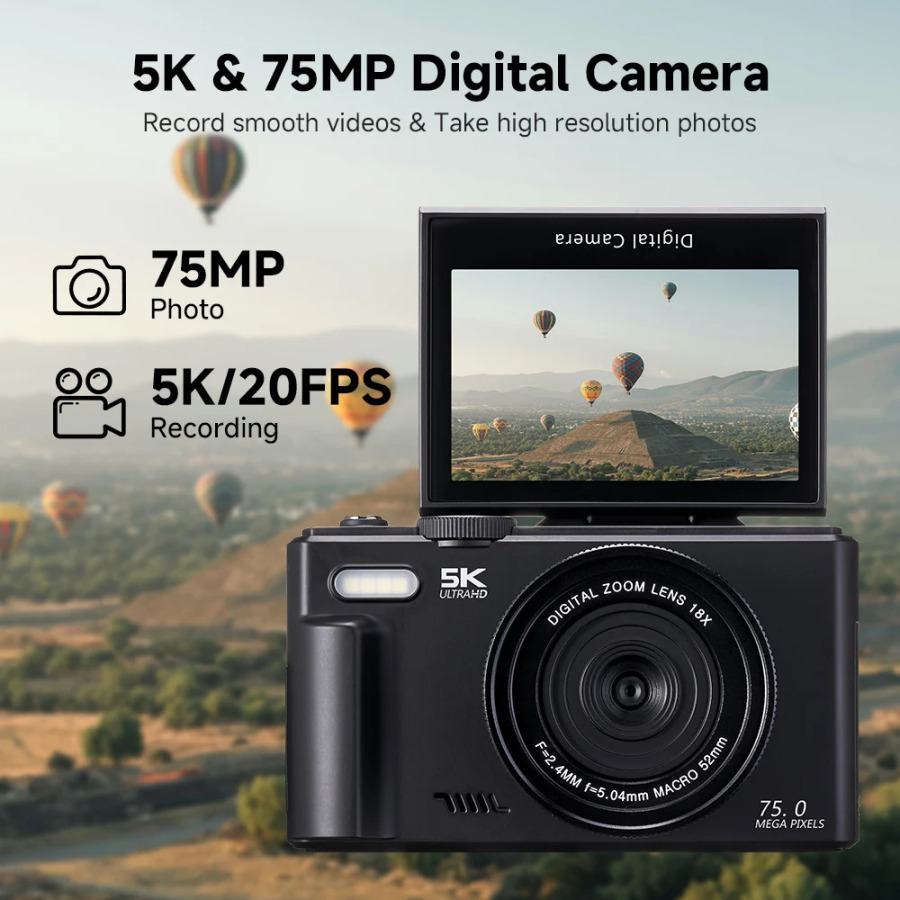 Цифровая камера 75 МП для фотосъемки, 5K, 18-кратный цифровой зум, винтажный видеорегистратор для YouTube, 180° °   Складной экран для селфи с Wi-Fi