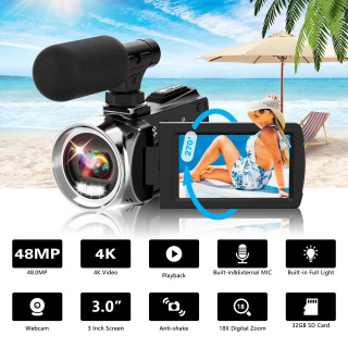 Mikrofonli 4K videokamera Youtube portativ 48MP raqamli magnitafon jonli efir uchun 18x kattalashtirishga ega infraqizil vlogging videokamera