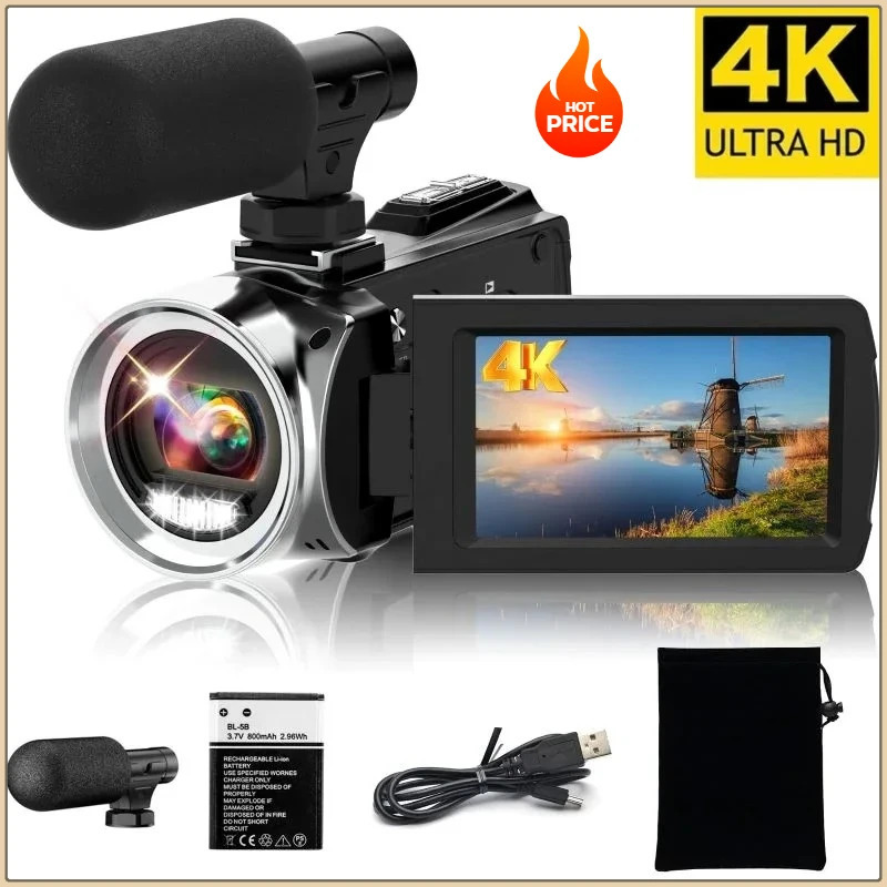 Mikrofonli 4K videokamera Youtube portativ 48MP raqamli magnitafon jonli efir uchun 18x kattalashtirishga ega infraqizil vlogging videokamera