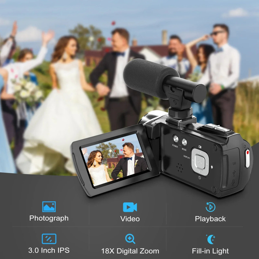 Mikrofonli 4K videokamera Youtube portativ 48MP raqamli magnitafon jonli efir uchun 18x kattalashtirishga ega infraqizil vlogging videokamera