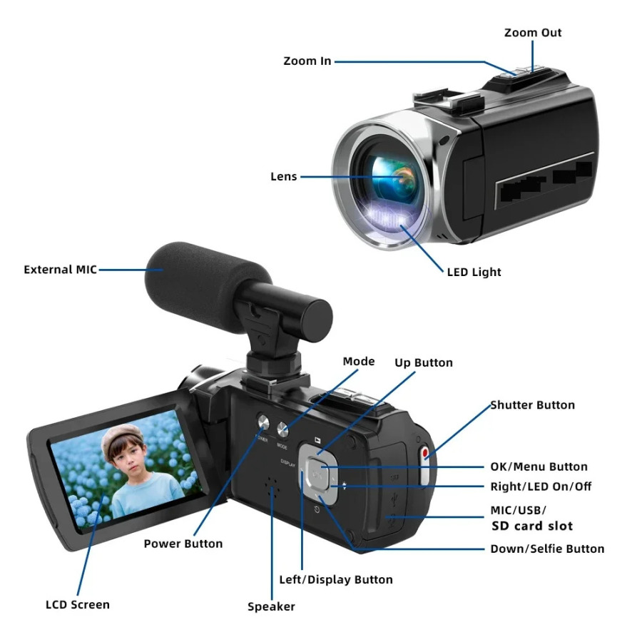 Mikrofonli 4K videokamera Youtube portativ 48MP raqamli magnitafon jonli efir uchun 18x kattalashtirishga ega infraqizil vlogging videokamera