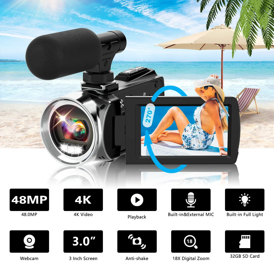 Mikrofonli 4K videokamera Youtube portativ 48MP raqamli magnitafon jonli efir uchun 18x kattalashtirishga ega infraqizil vlogging videokamera