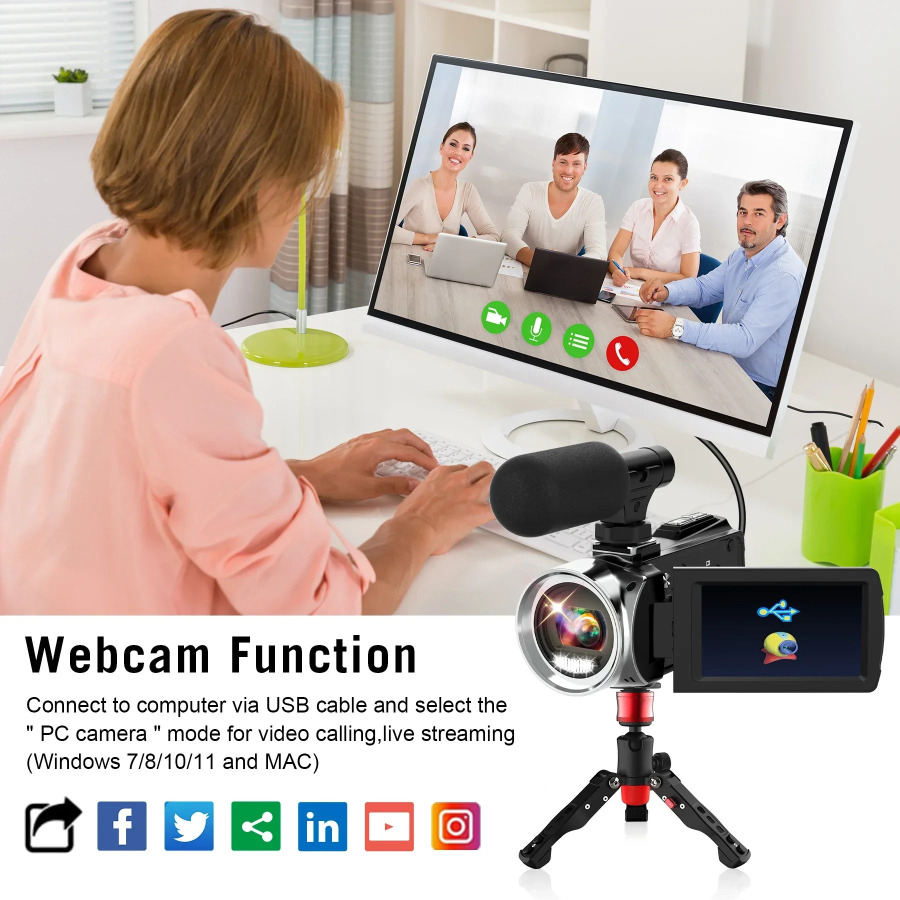 Mikrofonli 4K videokamera Youtube portativ 48MP raqamli magnitafon jonli efir uchun 18x kattalashtirishga ega infraqizil vlogging videokamera