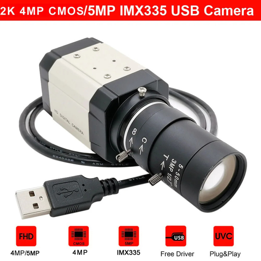 IMX335 CMOS sensorli Full HD 4MP/5MP sanoat USB kamera, 2.8-12mm/5-50mm oʻzgaruvchan miqyosli linza, 30 kadr/soniyali kompyuter uchun yuqori tezlikdagi USB2.0 video kamera
