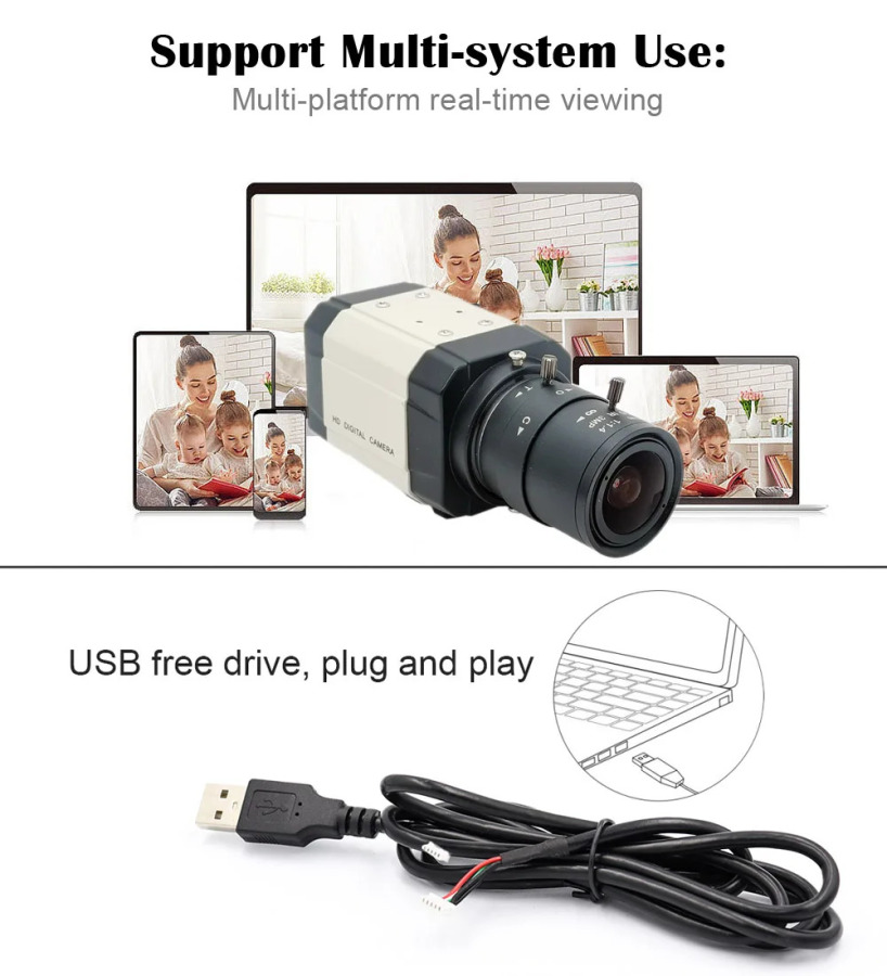 IMX335 CMOS sensorli Full HD 4MP/5MP sanoat USB kamera, 2.8-12mm/5-50mm oʻzgaruvchan miqyosli linza, 30 kadr/soniyali kompyuter uchun yuqori tezlikdagi USB2.0 video kamera