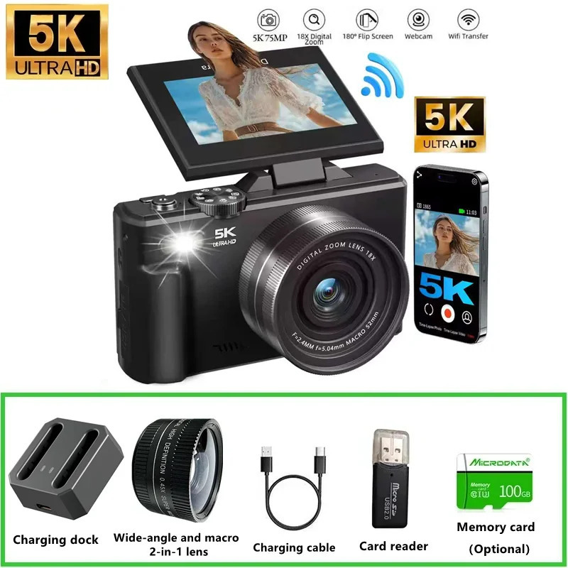 5K raqamli kamera 75 megapikselli videokamera YouTube WiFi UHD uchun mos, avtofokusli 3 dyuymli 180° aylantiruvchi ekran, 18x raqamli masshtabli