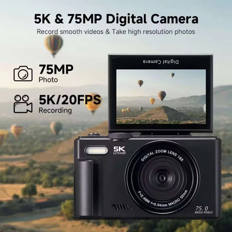 5K raqamli kamera 75 megapikselli videokamera YouTube WiFi UHD uchun mos, avtofokusli 3 dyuymli 180° aylantiruvchi ekran, 18x raqamli masshtabli