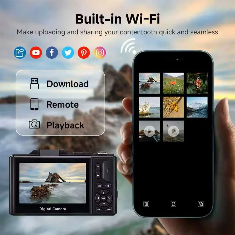 5K raqamli kamera 75 megapikselli videokamera YouTube WiFi UHD uchun mos, avtofokusli 3 dyuymli 180° aylantiruvchi ekran, 18x raqamli masshtabli