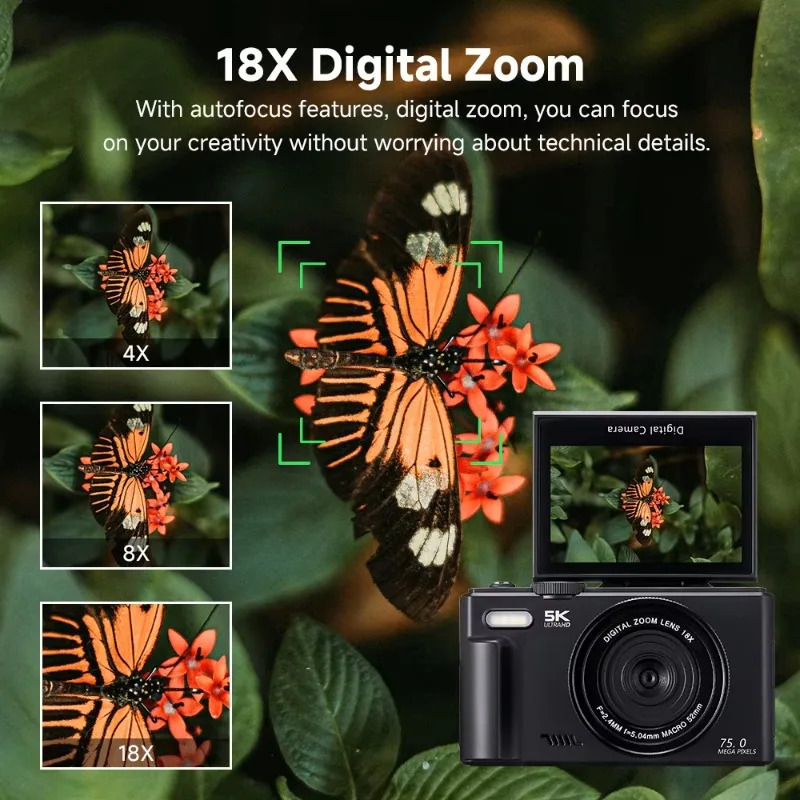 5K raqamli kamera 75 megapikselli videokamera YouTube WiFi UHD uchun mos, avtofokusli 3 dyuymli 180° aylantiruvchi ekran, 18x raqamli masshtabli