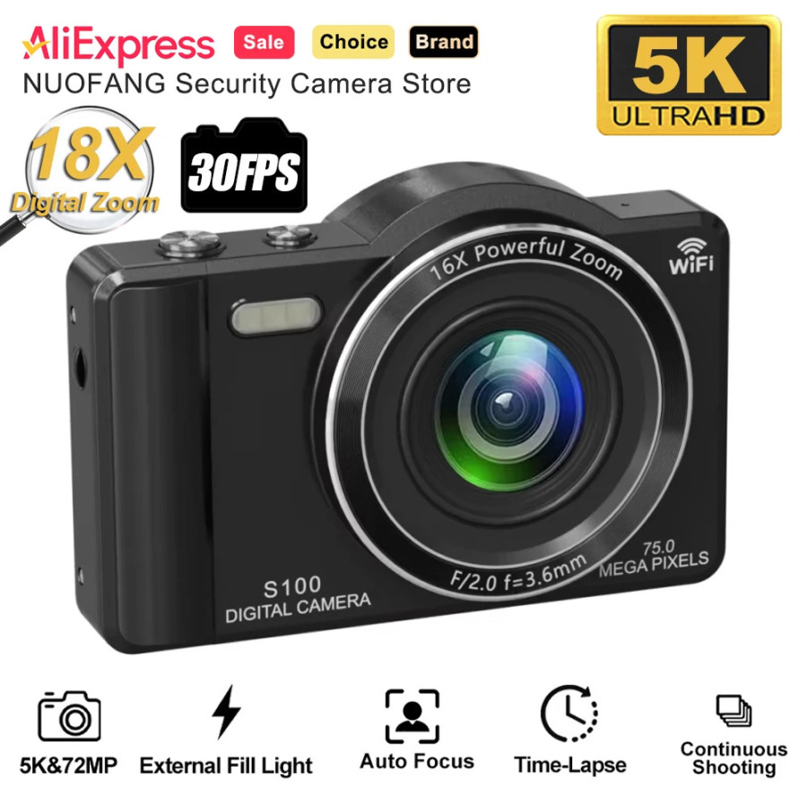 Sayohat va Vlogging uchun portativ suratga olish uchun 18x raqamli kattalashtirishga ega Vintage DVR WiFi veb-kamerasi bilan 5K 75MP raqamli kamera