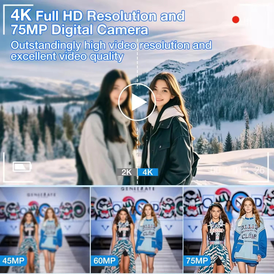 Sayohat va Vlogging uchun portativ suratga olish uchun 18x raqamli kattalashtirishga ega Vintage DVR WiFi veb-kamerasi bilan 5K 75MP raqamli kamera