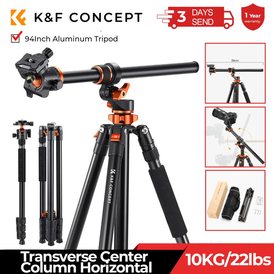 Штатив K&F CONCEPT 90 дюймов/2,3 м из алюминиевого сплава с реверсивной поперечной центральной колонной, модель T254A7+BH-28L, монопод для путешествий