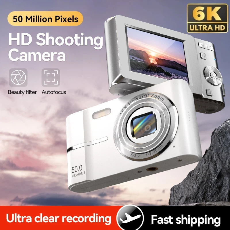 Цифровая камера 6K, 50 МП, 16-кратный зум, студенческая камера, уличная, с защитой от сотрясений, цифровая видеокамера, видеорегистратор с фотовспышкой, компактная видеокамера 2026