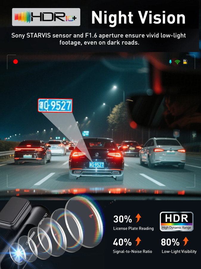 Видеорегистратор для автомобилей 4K UHD Запись Передняя задняя камера автомобиля HDR Рекордер ночного видения Встроенный Wi-Fi 24H Режим парковки Монитор приложения