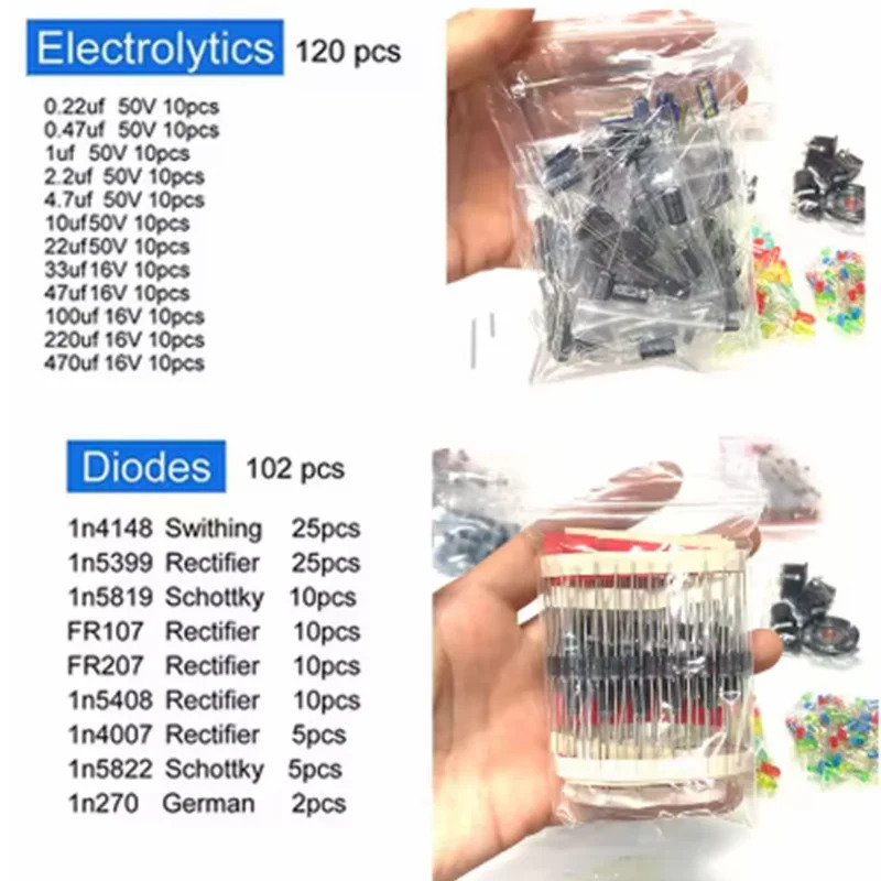 1818 dona. Ultimate Edition elektron komponentlar toʻplami turli xil umumiy kondansatörler rezistorlar kondensatorlari T0-92 LED tranzistorlar elektron platasi