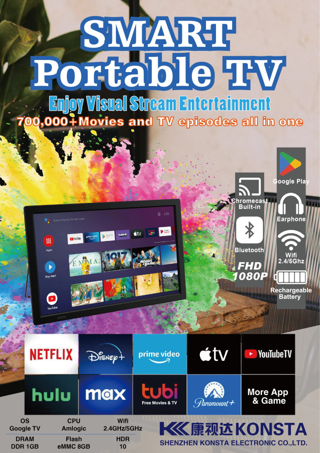 Google Android Portativ Smart TV: Wi-Fi, DVB-T2, ATSC, ISDB, FM radio va sayohat, tashqi va uyda foydalanish uchun media pleerli raqamli televizor.