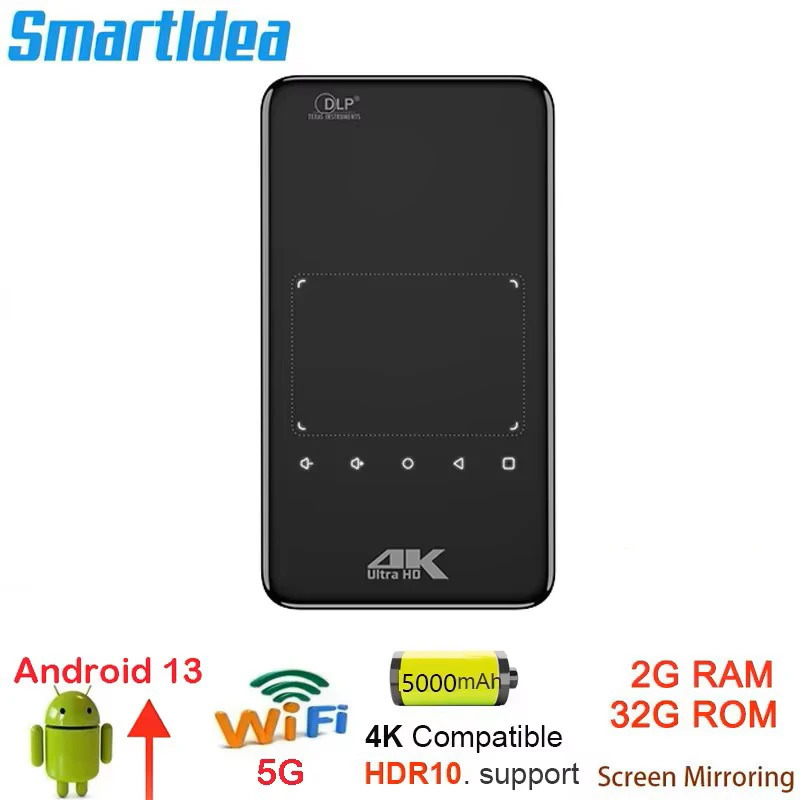 Smartldea HD Pico Smart Mini Proyektor Android Wi-Fi ekransiz lazerli LED DLP proyektori mobil telefonlar smartfonlari uchun 4K 1080P