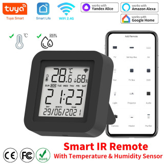 Konditsioner TV uchun Tuya Smart IR pulti AC Alexa Google Home Yandex bilan ishlaydi, namlik sensori