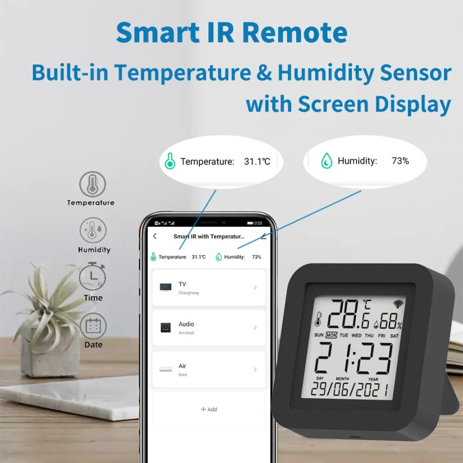Konditsioner TV uchun Tuya Smart IR pulti AC Alexa Google Home Yandex bilan ishlaydi, namlik sensori