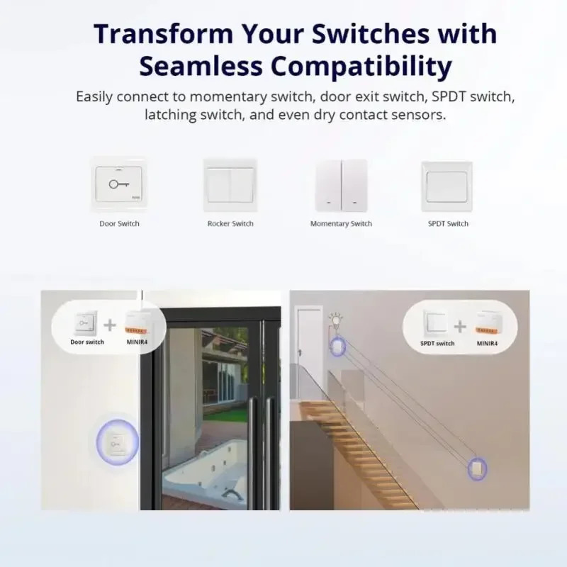 Smart Wi-Fi kaliti SONOFF MINIR4 aqlli uy uchun tashqi oʻrni qoʻllab-quvvatlashi, releyni uzish rejimi va eWeLink va Alexa ilovalari orqali masofadan boshqarish
