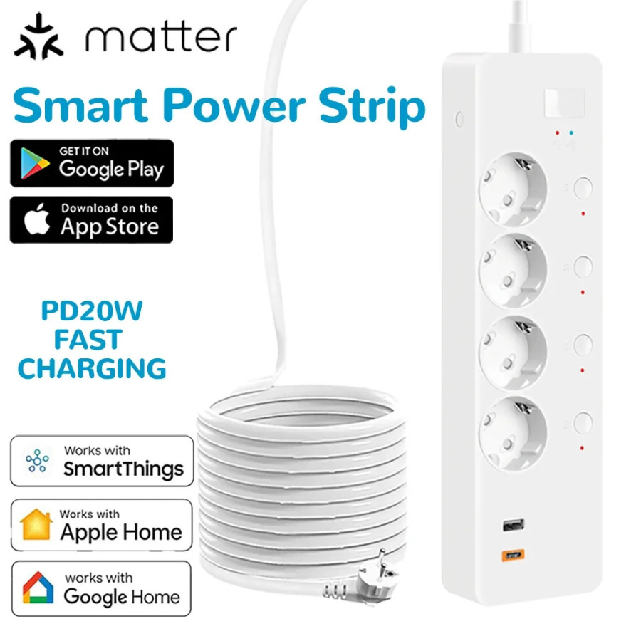 Matter EU Smart Plug Google Home, HomeKit, Siri, SmartThings, Ovozli masofadan boshqarish pulti va Mustaqil boshqaruv, Koʻp Portni qoʻllab-quvvatlaydi.