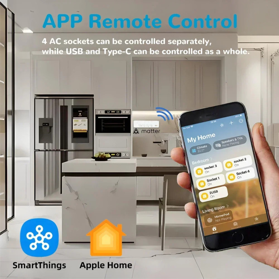 Matter EU Smart Plug Google Home, HomeKit, Siri, SmartThings, Ovozli masofadan boshqarish pulti va Mustaqil boshqaruv, Koʻp Portni qoʻllab-quvvatlaydi.