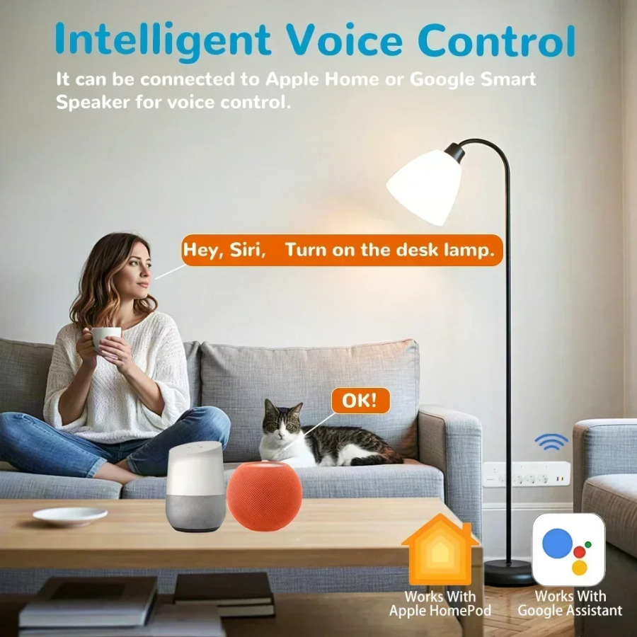 Matter EU Smart Plug Google Home, HomeKit, Siri, SmartThings, Ovozli masofadan boshqarish pulti va Mustaqil boshqaruv, Koʻp Portni qoʻllab-quvvatlaydi.