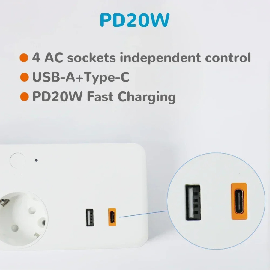 Matter EU Smart Plug Google Home, HomeKit, Siri, SmartThings, Ovozli masofadan boshqarish pulti va Mustaqil boshqaruv, Koʻp Portni qoʻllab-quvvatlaydi.