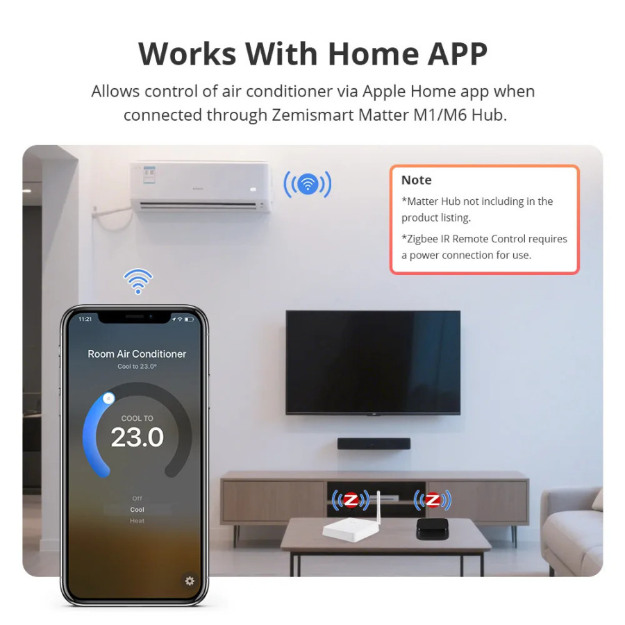 Zigbee IR masofadan boshqarish pulti Tuya Home bilan Matter Hub orqali infraqizil televizor konditsioner IR fan uchun Smart IR boshqaruvi bilan ishlaydi.