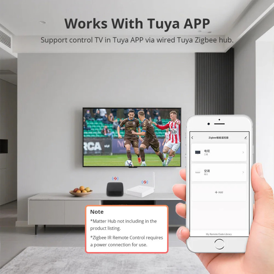 Zigbee IR masofadan boshqarish pulti Tuya Home bilan Matter Hub orqali infraqizil televizor konditsioner IR fan uchun Smart IR boshqaruvi bilan ishlaydi.
