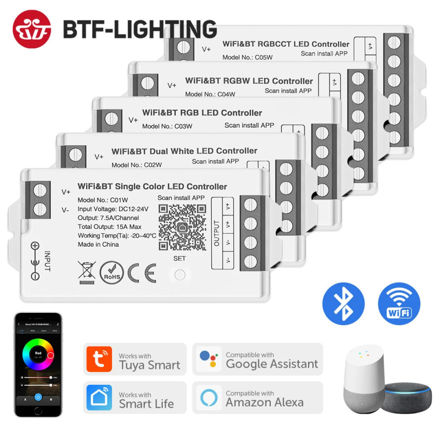 Smart LED kontroller Tuya WiFi Alexa Google Home Bluetooth Ovozli CCT RGB RGBW Dimmer LED Strip IOS Android 2.4G DC12V 24V