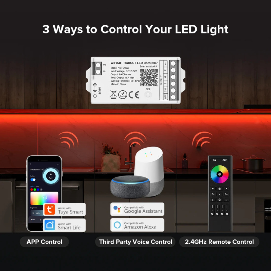 Smart LED kontroller Tuya WiFi Alexa Google Home Bluetooth Ovozli CCT RGB RGBW Dimmer LED Strip IOS Android 2.4G DC12V 24V