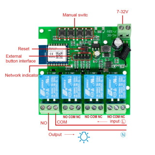 12V/24V/220V oʻrni, RF 433, Alexa, Google Home, Tuya APP orqali boshqarish, 4 kanalli Wi-Fi Smart Home Controller