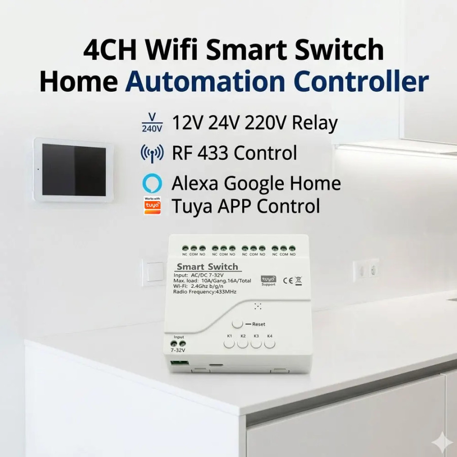 12V/24V/220V oʻrni, RF 433, Alexa, Google Home, Tuya APP orqali boshqarish, 4 kanalli Wi-Fi Smart Home Controller