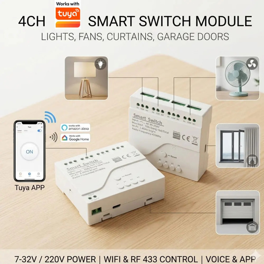 12V/24V/220V oʻrni, RF 433, Alexa, Google Home, Tuya APP orqali boshqarish, 4 kanalli Wi-Fi Smart Home Controller