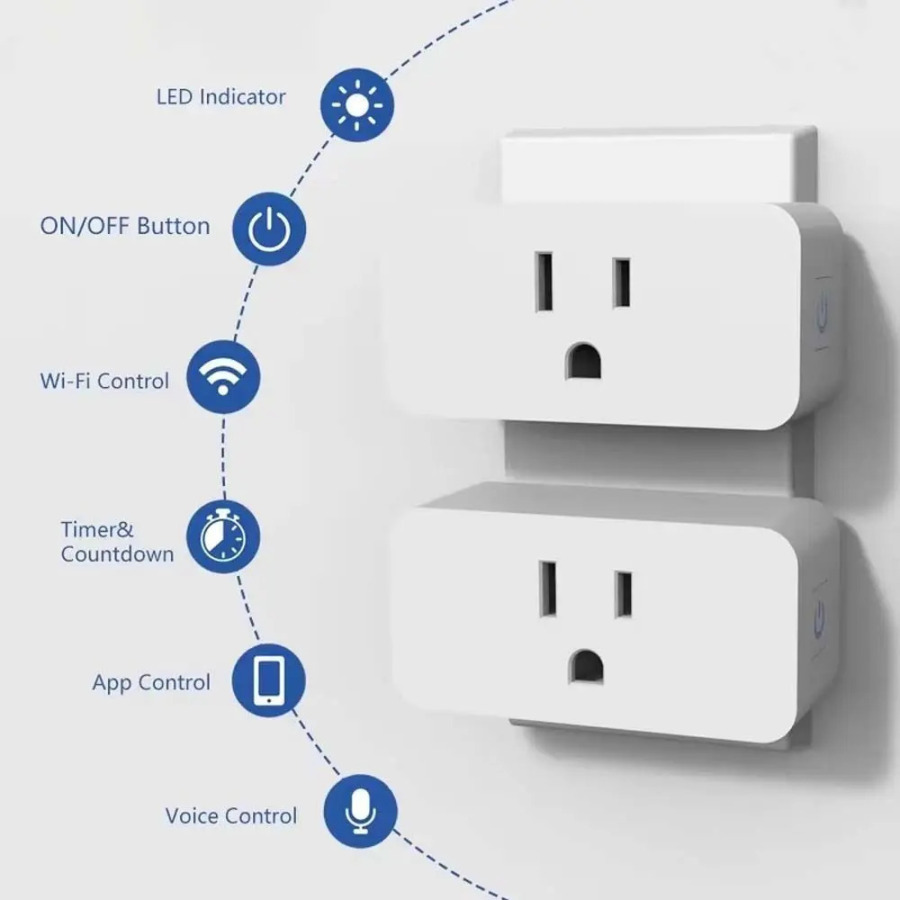 Smart Mini Wi-Fi rozetkasi ovozli boshqaruvga ega, 110-240V, 10A, AQSh standarti, aqlli uy uchun, energiya statistikasi funksiyasi va taymer bilan
