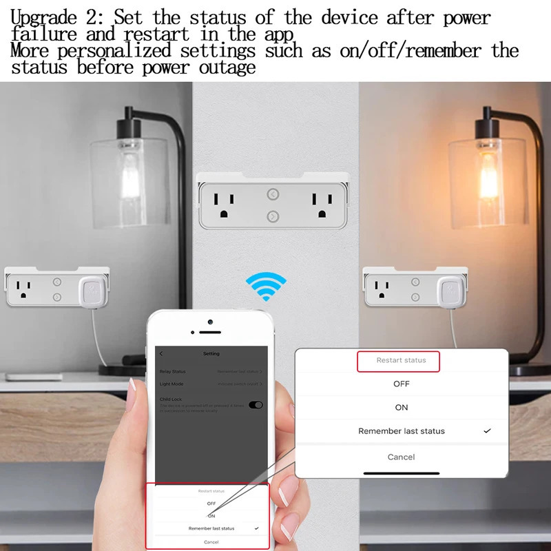 WiFi Tuya Smart Home AQSH standarti qoʻsh vilkasi, oʻtkazgichli boshqaruv ilovasi, vaqtni masofadan boshqarish, saqlash paneli bilan smart vilka kronshteri