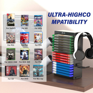PS5/PS4/PS3/Xbox seriyali S&X/Xbox one oʻyinlari uchun minorali video oʻyinlar uchun stend, 4 ilgakli oʻyin boshqaruvchisi naushnik ushlagichi