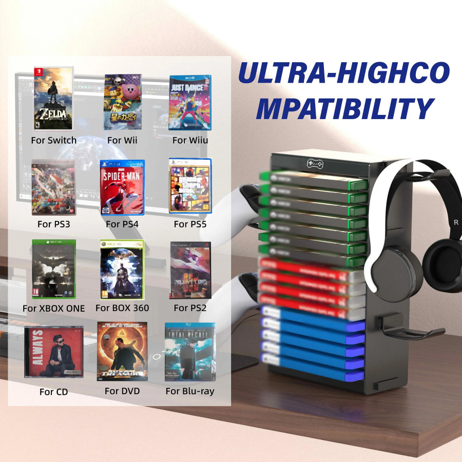 PS5/PS4/PS3/Xbox seriyali S&X/Xbox one oʻyinlari uchun minorali video oʻyinlar uchun stend, 4 ilgakli oʻyin boshqaruvchisi naushnik ushlagichi