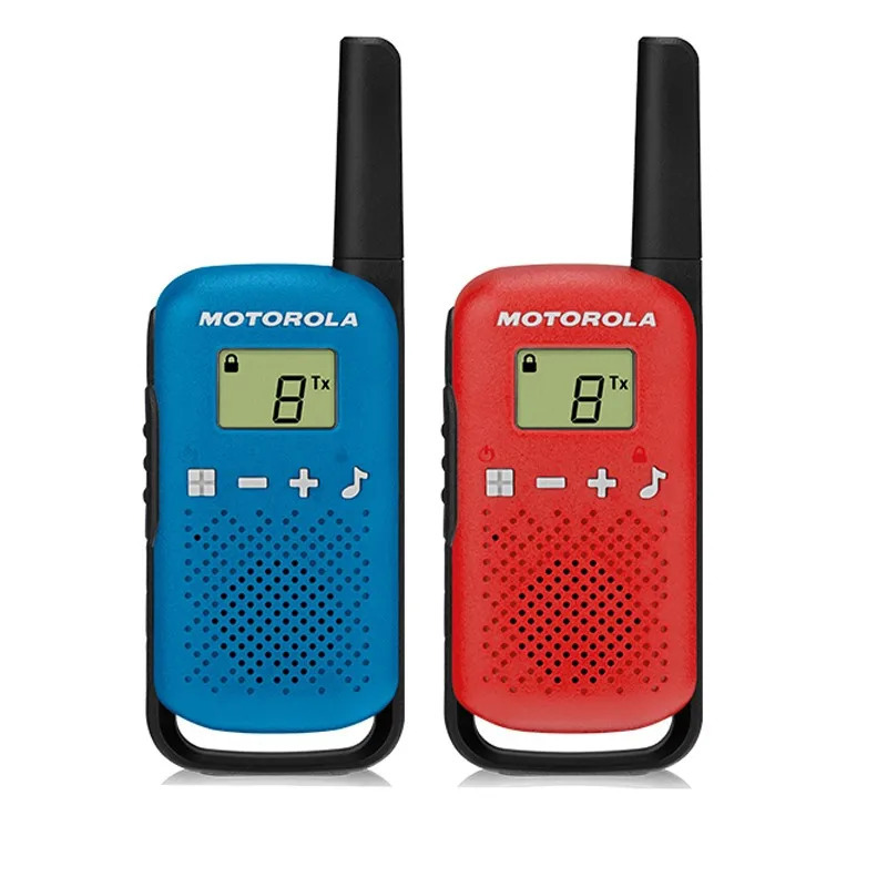 Motorola TLKR-T42 radiosi litsenziyasiz LCD displeyli 16 kanalli va 4 kmgacha masofaga ega AA batareyalaridan foydalanadi (batareyasiz)