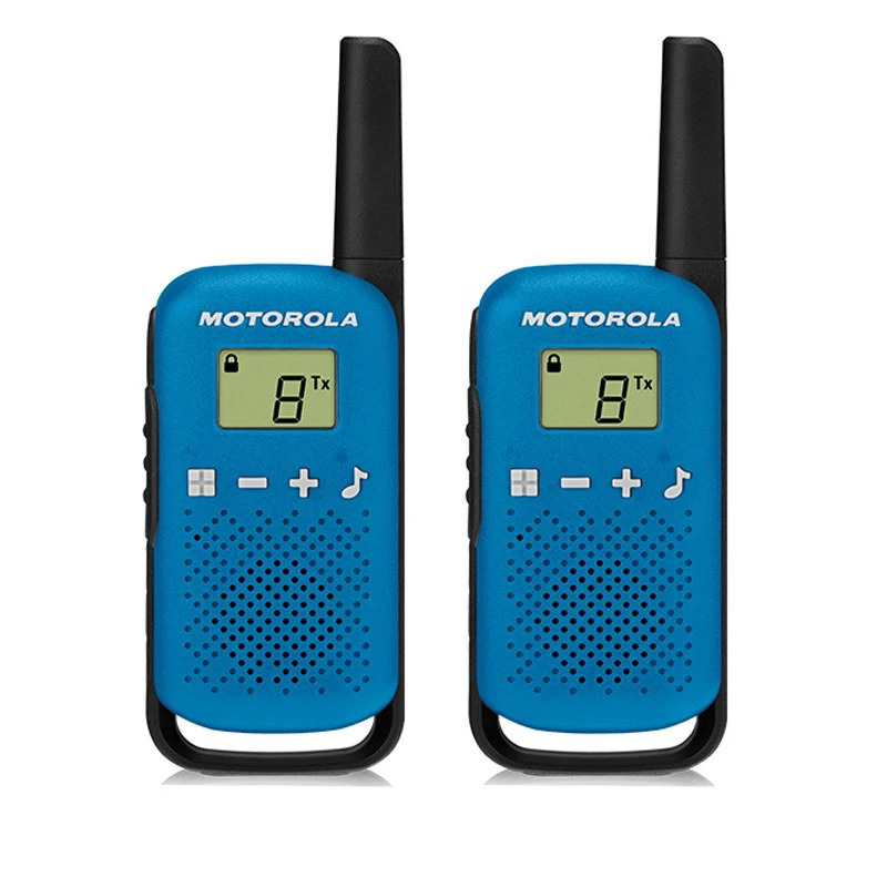 Motorola TLKR-T42 radiosi litsenziyasiz LCD displeyli 16 kanalli va 4 kmgacha masofaga ega AA batareyalaridan foydalanadi (batareyasiz)