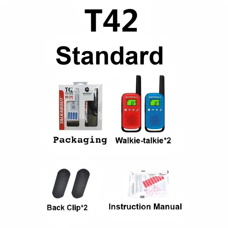 Motorola TLKR-T42 radiosi litsenziyasiz LCD displeyli 16 kanalli va 4 kmgacha masofaga ega AA batareyalaridan foydalanadi (batareyasiz)