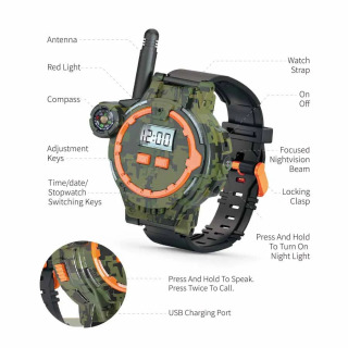 Yangi bolalar uchun harbiy kamuflyaj Walkie Talkie soati oʻyinchoqlari Ota-onalar va bolalar uchun ichki va tashqi makon oʻzaro simsiz masofadan qoʻngʻiroq qilish USB zaryadlash