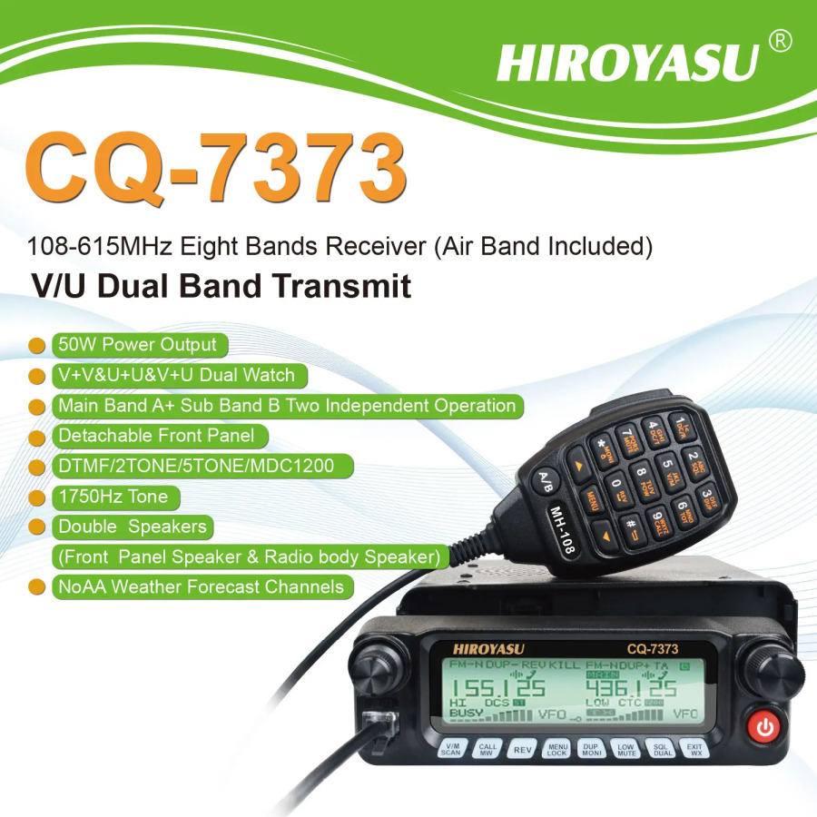 HIROYASU CQ-7373 Walkie Talkie 50W 1000Ch havo tarmoqli sakkiz tarmoqli Rx V.U ikki tarmoqli Tx olinadigan old panel uy mobil radiosi