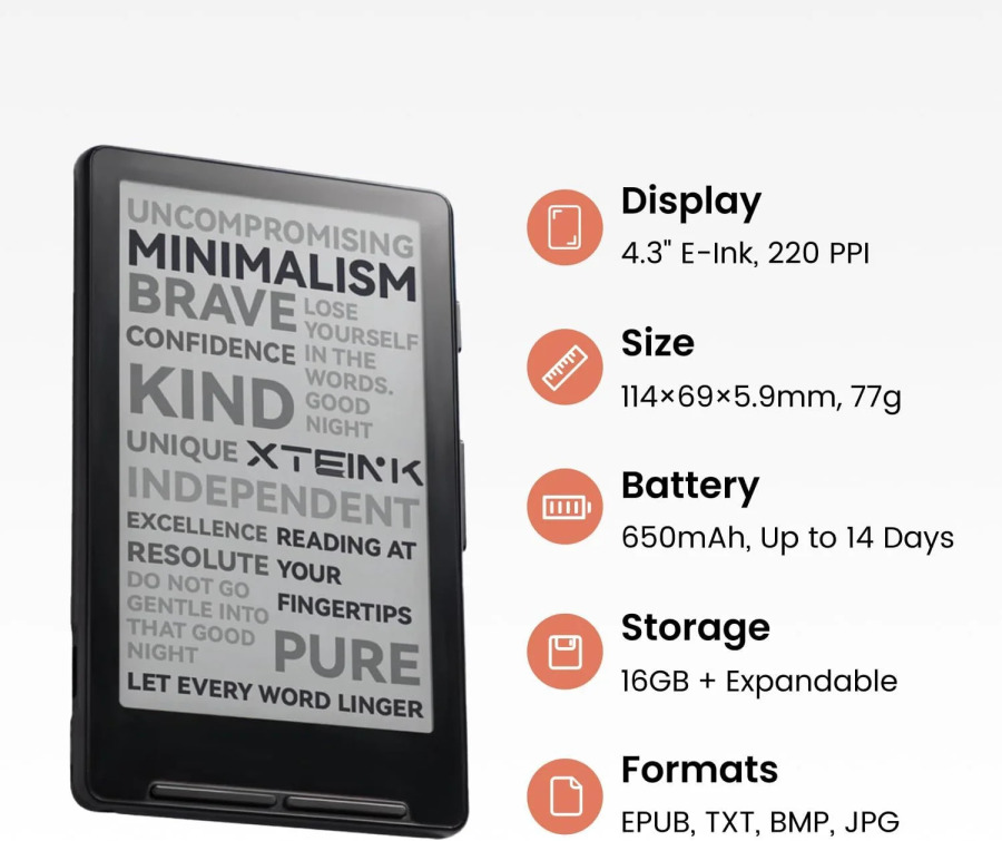 XTEINK X4 E-Ink 4,3 dyuymli ultra yupqa portativ mini oʻquvchi 650 mA/soat uzoq batareya muddati oʻqish uchun koʻzni himoya qilish