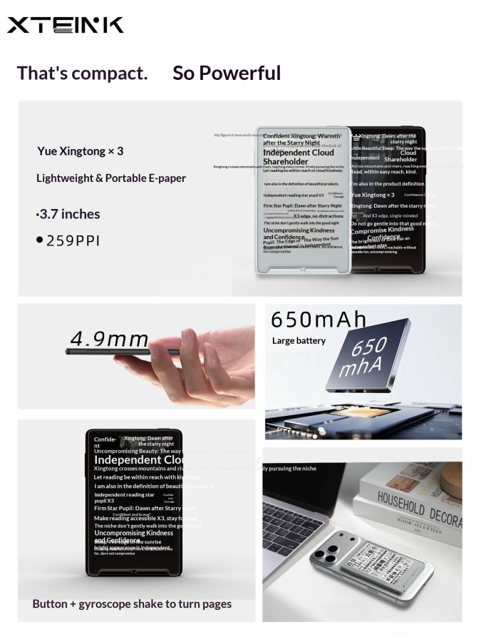 XTEINK X3 E Ink Reader E-reader 3,7 dyuymli ultra yupqa ekranli, portativ, 650 mAch akkumulyatorli, 792x528 oʻlchamli, 259 PPI, talabalar uchun choʻntak modeli.